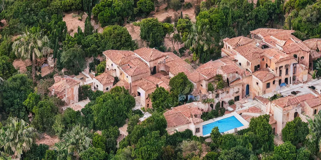 Image similar to pablo esbobar's villa, aerial view, photograph, extremely detailed, hdr