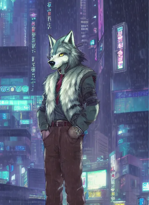 Image similar to character portrait of a male anthro wolf fursona with a tail and a cute beautiful attractive furry face wearing stylish cyberpunk clothes in a cyberpunk city at night while it rains. hidari, color page, tankoban, 4K, tone mapping, Akihiko Yoshida.