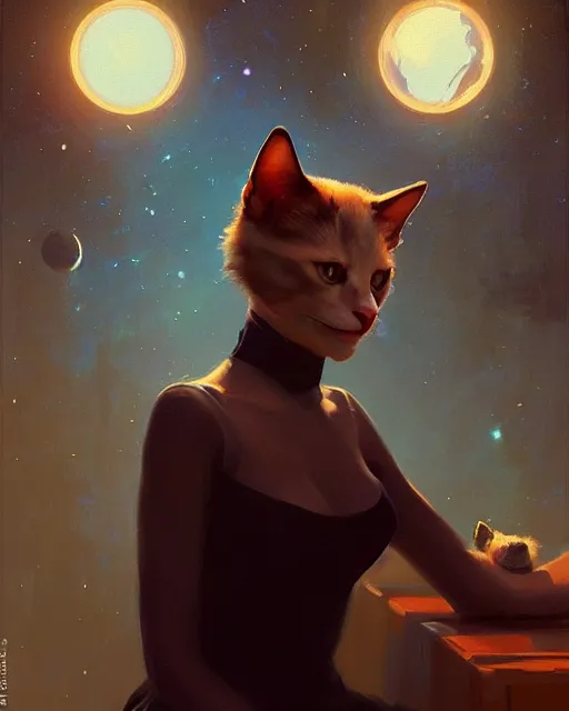 Image similar to a potrait of a space fanstasy cat, fine details. night setting. realistic shaded lighting poster by ilya kuvshinov katsuhiro, artgerm, jeremy lipkin and michael garmash, unreal engine, radiant light, detailed and intricate environment, digital art, trending on art station