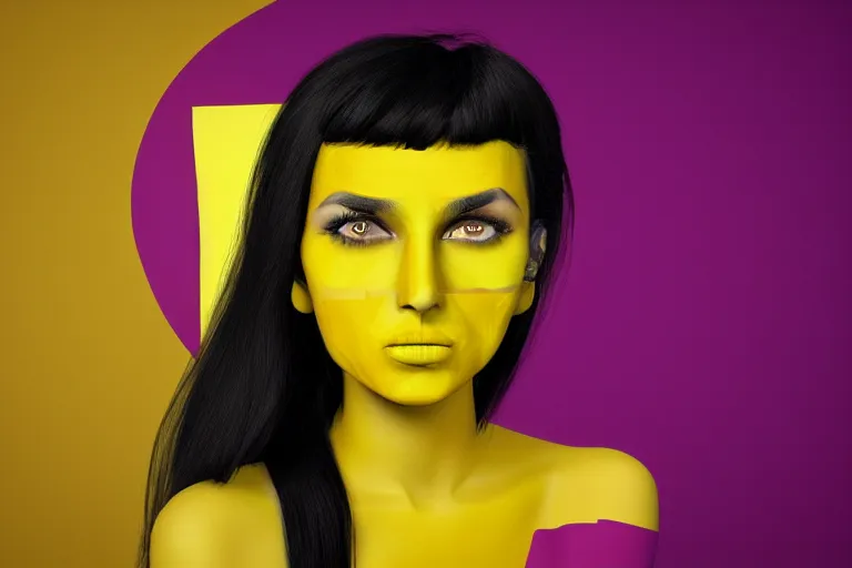 Image similar to portrait of a woman with a yellow face and black hair, a pop art painting by hedi xandt, trending on cgsociety, pop surrealism, photoillustration, daz 3 d, pop art