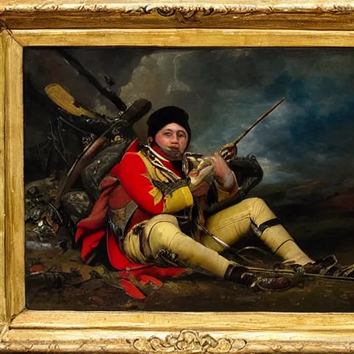 Prompt: Volodymyr Zelensky at war, dressed like Napoleon Bonaparte, sitting on the ground between dead corpses and weeping, holding a half burnt blue and yellow flag of Ukraine, in the style of Anne-Louis Girodet