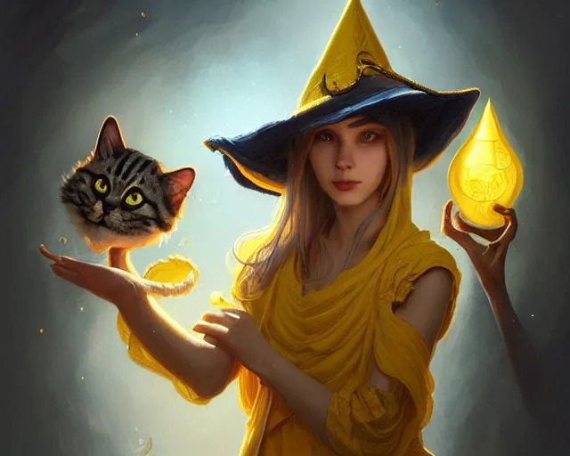 Image similar to a mind - blowing portrait of a cat wizard, yellow wizard hat, anthropomorphic, deep focus, d & d, fantasy, intricate, elegant, highly detailed, digital painting, artstation, concept art, matte, sharp, illustration, hearthstone, art by artgerm and greg rutkowski and alphonse mucha