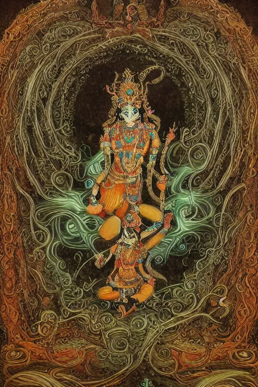Prompt: an abstract concept art. hindu mythology. wisps and tendrils. elegantly detailed. esoteric. intricate details