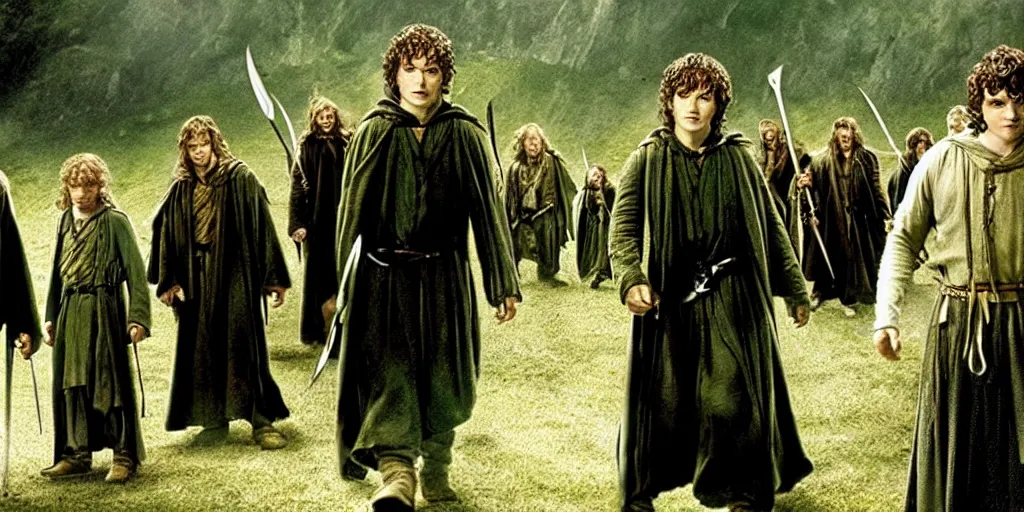 Prompt: the lord of the rings but frodo is the tallest among the fellowship promo shot from movie by peter jackson