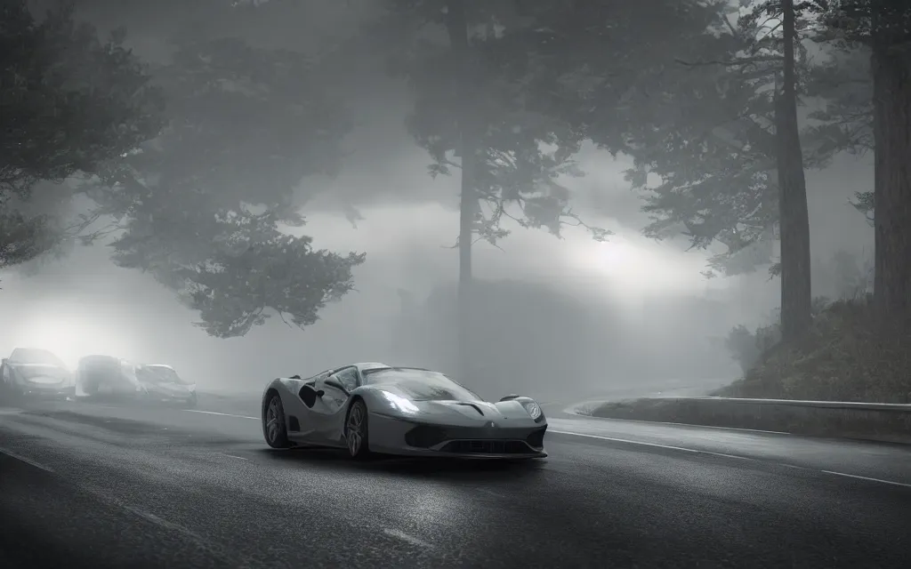 Prompt: a car going over seven thousand rmp, ford vs ferrari, atmospheric, mist, epic, photorealistic, realistic, rule of thirds, extremely detailed, 4 k, 8 k, unreal engine 5 render, rim lighting, rtx, ray traced lighting, shot on 3 5 mm, film grain, looking through a window frame