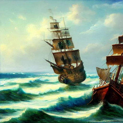 Prompt: pirate ship at sea, rolling waves, masterful oil painting