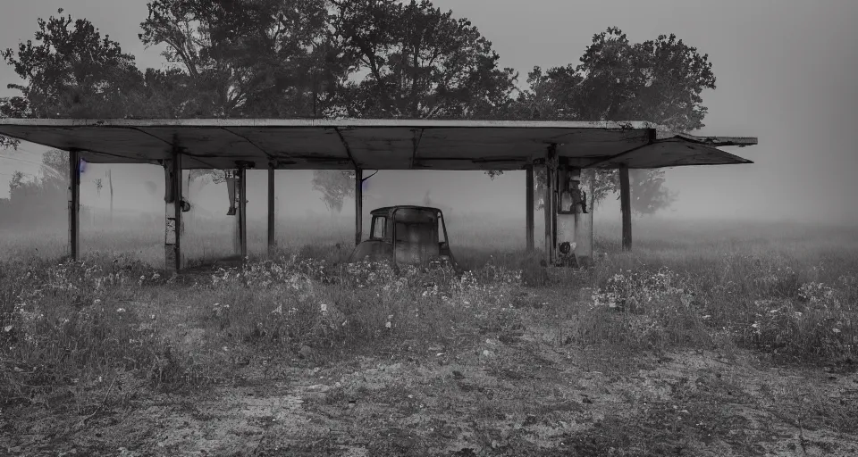 Image similar to Old abandoned gas stations on the side of the road to nowhere, evil, demonic, enchanting, misty, haze, cloudy, angelic, flowers, nature, environment concept, cinematic, cgsociety, dim and dark lighting, cinematic, intricate details, 8k detail post processing, hyperealistic, photo realism, by Stephen King