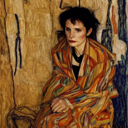 Prompt: Juliette Binoche in a bahay kubo, portrait, oil on canvas, by Egon Schiele