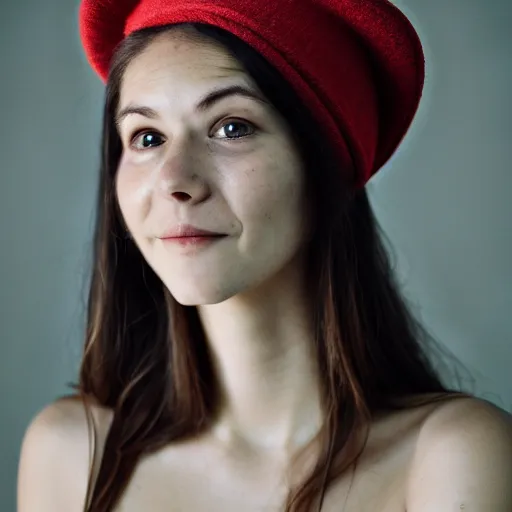 Prompt: a beautiful body portrait of a smiling woman by alexandra nataf, long hair, aged 2 5, swedish, wearing a travel hat, photo realistic, real life, photograph, 3 5 mm, octane render, trending on artstation