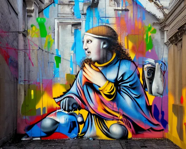 Prompt: spraypaint graffiti of renaissance art, on a wall, expressive, asymmetrical art, blue hour, highly detailed, concept art, dripping paint, hyperrealism, epic, art by seen ua and banksy and eduardo kobra and revok, artstation