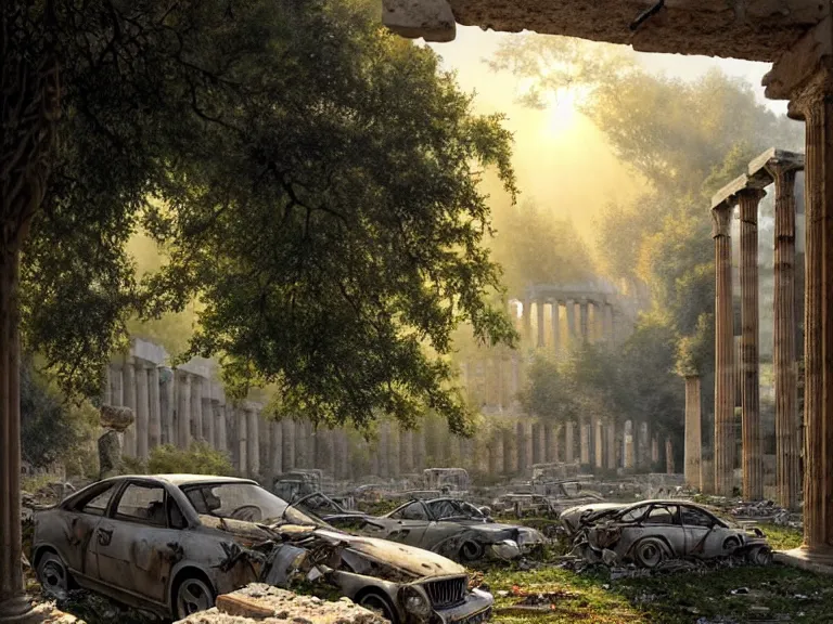 Prompt: tree growing in ancient greek ruins, gray wasteland, many scrap cars, plastic waste, rubble, pillars, flowers, vines, hyperrealistic, highly detailed, cinematic, single ray of golden sunlight, beautiful, cgssociety, artstation, 8 k, oil painting by greg rutkowski, by artgerm, by wlop