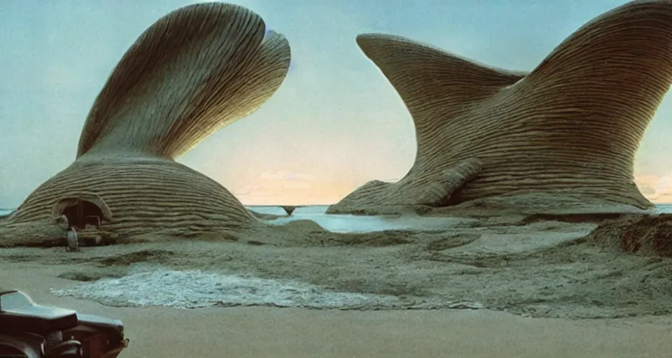 Prompt: a giant seashell house in the middle of nowhere, cinematography by syd mead, gregory crewdson, moebius, j. h. williams iii