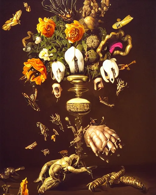 Image similar to refined gorgeous blended oil painting with black background by christian rex van minnen rachel ruysch dali todd schorr of a chiaroscuro portrait of an extremely bizarre disturbing mutated man made of still life flowers and rubber insects with shiny skin acne dutch golden age vanitas intense chiaroscuro cast shadows obscuring features dramatic lighting perfect symmetry perfect composition masterpiece