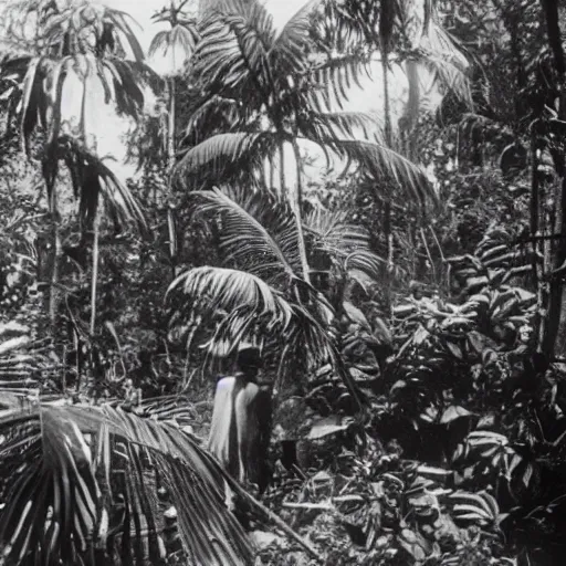 Prompt: a rizom lost film footage of a ( ( ( ( ( ( ( ( cube ) ) ) ) ) ) ) ) in the middle of the tropical jungle / tropicalism / tropicalism / tropicalism / film still / cinematic / enhanced / 1 9 2 0 s / black and white / grain