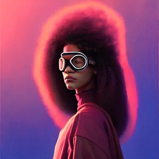 Image similar to zendaya wearing opaque reflective goggles profile picture by Greg Rutkowski, brown skin, very long afro hair, asymmetrical, futuristic, neon volumetric lights, cool colors, streetwear, studio ghibli, Organic Painting , Matte Painting, geometric shapes, hard edges, street art, trending on the artstation, fantasy LUT, realistic by Sachin Teng + Martin Grip + Moebius, techwear, Industrial Scifi, detailed illustration, character portrait,