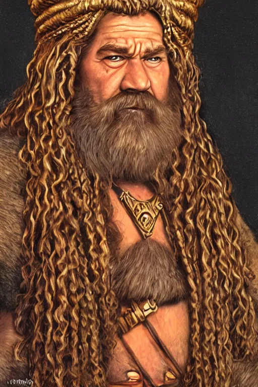 Prompt: Detailed portrait of a dwarven queen with golden braided hair | dungeons and dragons | bold and serious | hyperdetailed | hyperrealistic | art by larry elmore and jeff easley 8k HD