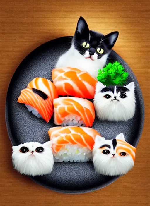 Image similar to clear photorealistic picture of adorable cats made out of sushi