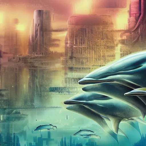 Prompt: an alien city of dolphins under the ocean, sci-fi digital art illustration,