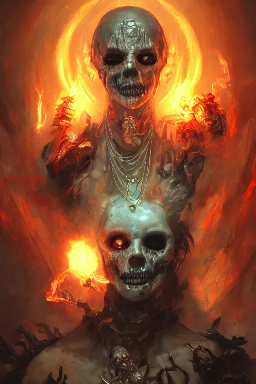 Prompt: face closeup covered of a ghoul necromancer, damned soul, hellfire, diamonds, jewels, 3 d render, hyper - realistic detailed portrait, holding fire and electricity rainbow, ruan jia, wlop. scifi, fantasy, magic the gathering, hyper detailed, concept art, peter mohrbacher