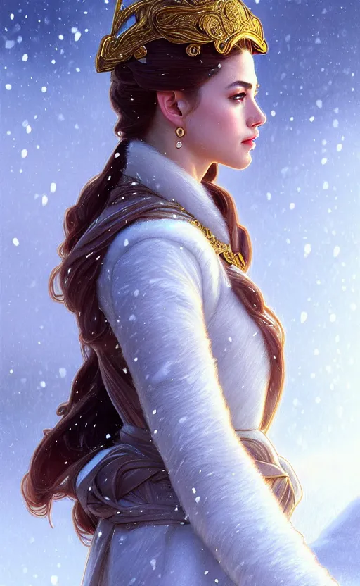 Prompt: rayan gosling, regal, elegant, winter, snow, beautiful, stunning, hd, illustration, epic, d & d, fantasy, intricate, elegant, highly detailed, wide angle, digital painting, artstation, concept art, smooth, sharp focus, illustration, wallpaper, art by artgerm and greg rutkowski and alphonse mucha and jin xiaodi