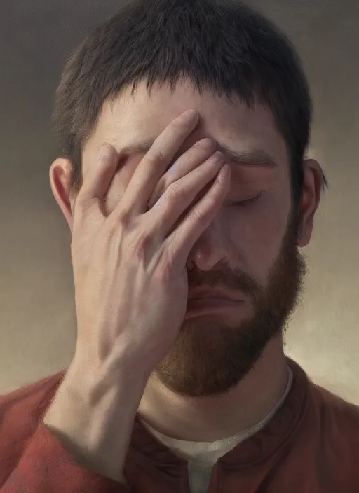 Image similar to insanely detailed portrait of a sleepy - looking programmer guy begging for forgiveness in front of his ultrawide monitor, oil on canvas, masterwork, fine detail, trending on artstation, emotive, insanely compelling, ryden, koons, moebius