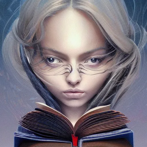 Image similar to An incredible fantastical painting of a girl reading book, hair flowing down | symmetric!, anatomically correct | by Greg Rutkowski and Greg Staples with James Gurney | hyperrealism artwork beautiful detailed painting | trending on Artstation