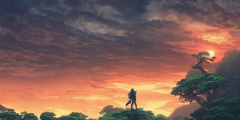 Prompt: giant monster in the distance, forest, standing on a tree top, 4 k, artgerm, high detail, dramatic lighting, sunset, hayao miyazaki, masashi ando, nizou yamamoto, kazuo oga, joe hisaishi, yoji takeshige, naoya tanaka