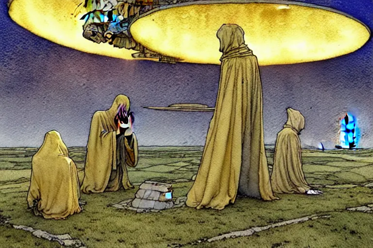 Image similar to a realistic and atmospheric watercolour fantasy concept art of a golden ufo landing on top of stonehenge. a giant medieval monk in grey robes on his knees praying. muted colors. by rebecca guay, michael kaluta, charles vess and jean moebius giraud