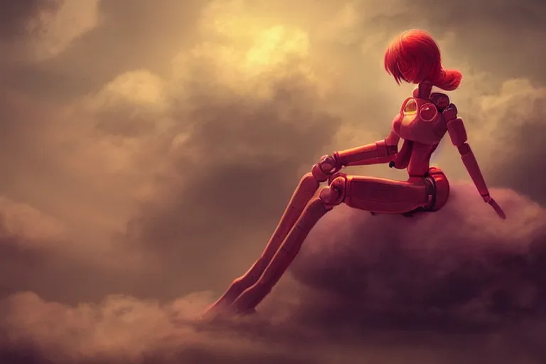 Prompt: a cute robot girl sitting on a cloud relaxing, red lighting, mist, digital art,