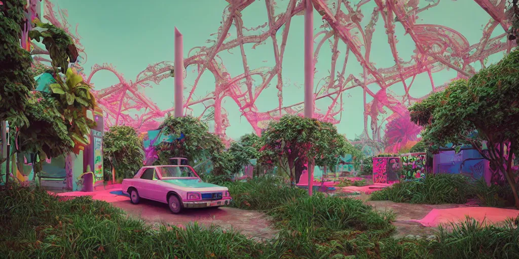 Image similar to 80s outdoor retro arcade, 80s color scheme, retro, pastel colors, desolate, lush vegetation, snow, moody:: by beeple and James Gilleard and Justin Gerard :: ornate, dynamic, particulate, intricate, elegant, highly detailed, centered, artstation, smooth, sharp focus, octane render, 3d