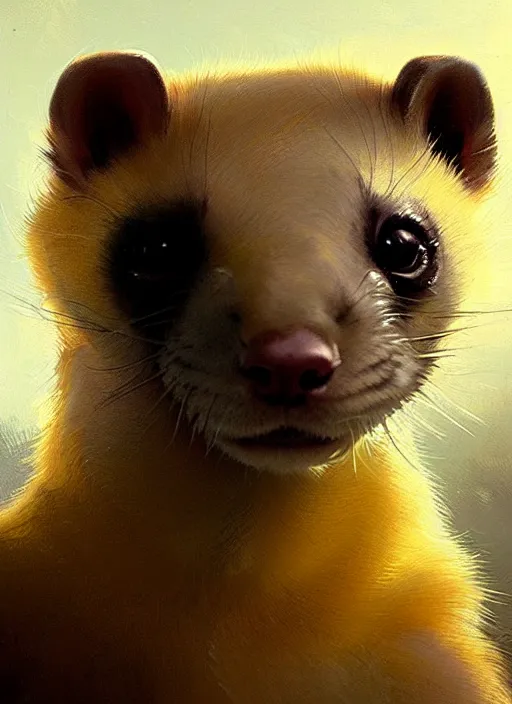 Prompt: a beautiful closeup shot from a fantasy film of a ferret with golden eyes. an animal with yellow eyes. portrait. joseph ducreux, greg rutkowski.