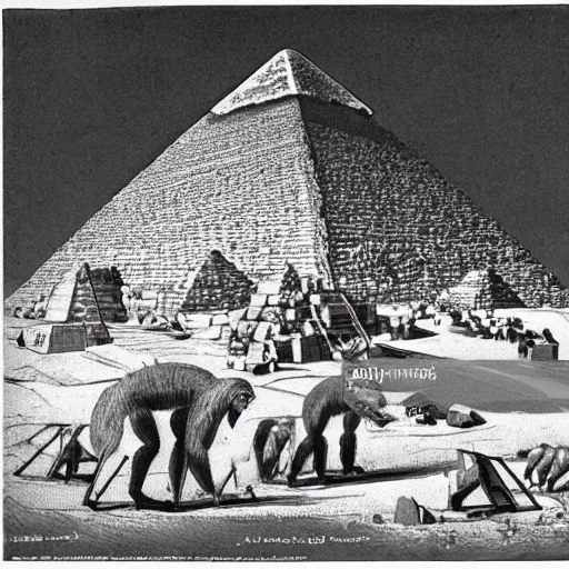 Image similar to the great pyramid of giza being built by chimps, 1 3 th century painting,