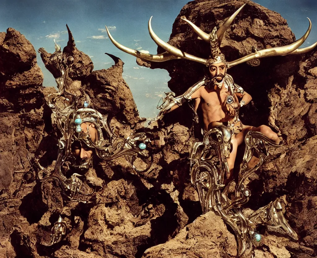 Prompt: portrait of salvador dali wearing a horned crown and costume with jewels in a dry rocky desert landscape, alien spaceship by giger, film still from the movie by alejandro jodorowsky with cinematogrophy of christopher doyle and art direction by hans giger, anamorphic lens, kodakchrome, very detailed photo, 8 k