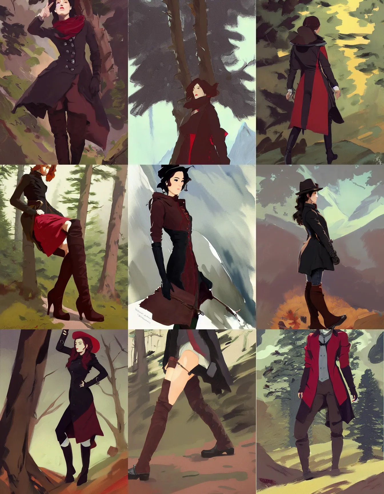 Prompt: black red brown cloth fabric jodhpurs knee high boots travel coat fashion, solo hiking in mountains trees, greg manchess painting by sargent and leyendecker, studio ghibli, fantasy, asymmetrical, intricate, elegant, matte painting, illustration, hearthstone, by greg rutkowski, by greg tocchini, by james gilleard, by joe fenton