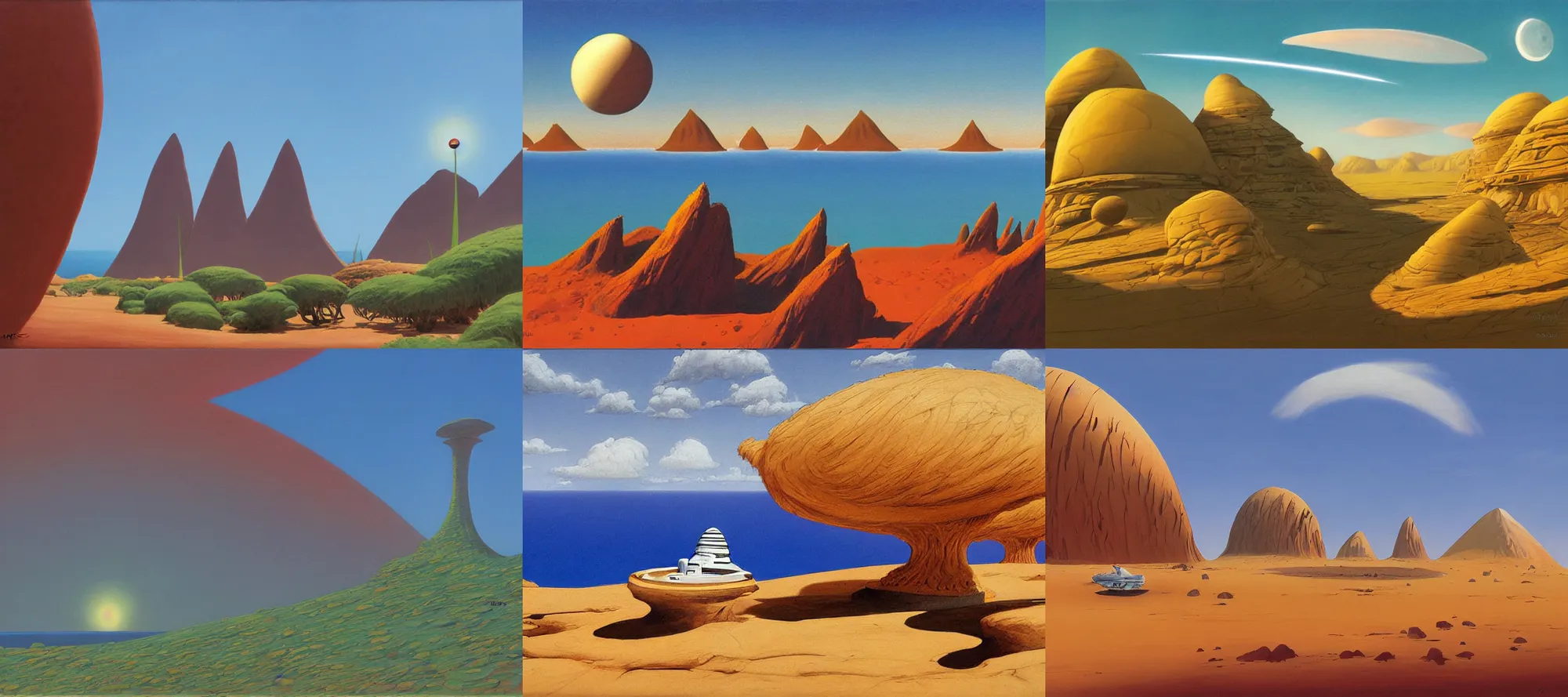 Prompt: Socotra landscape in the style of Dr. Seuss, starships, painting by Ralph McQuarrie