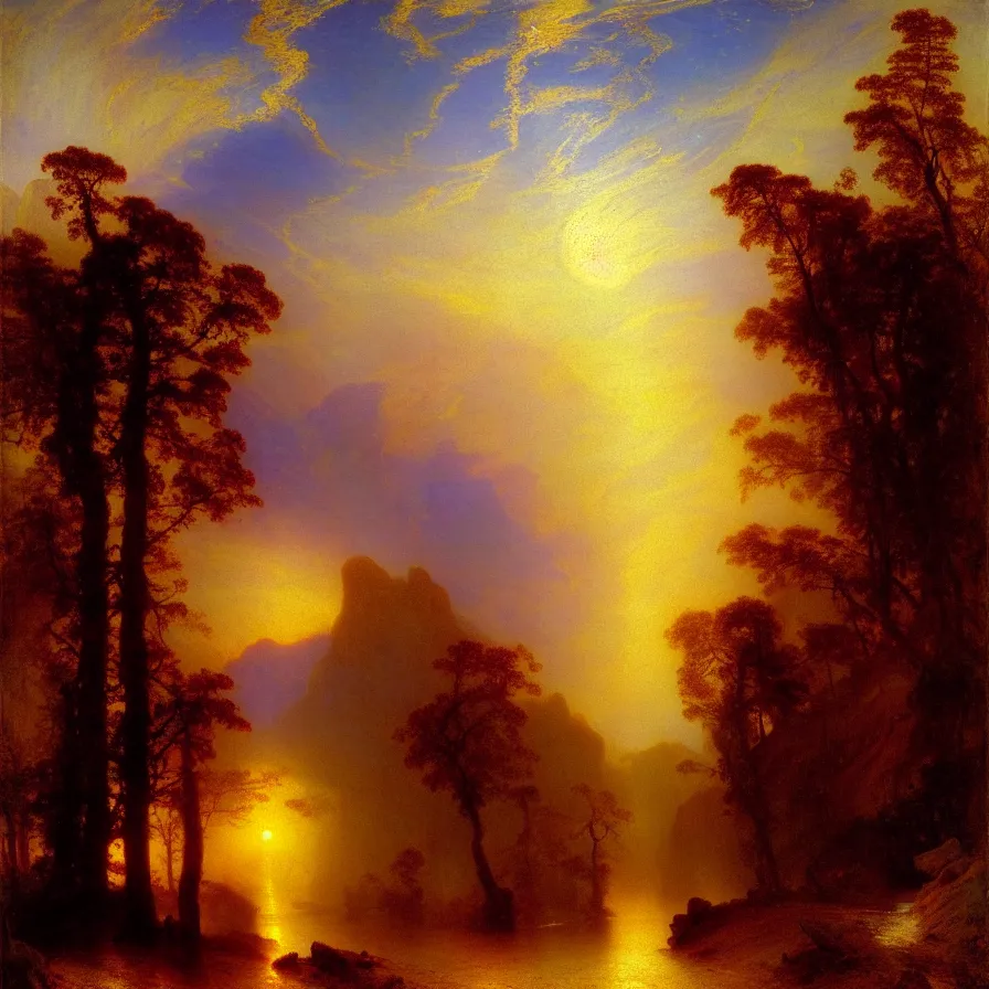 Image similar to a road that goes towards the sunrise, painted by thomas moran and albert bierstadt