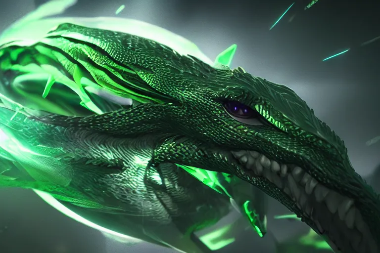 Image similar to green snakelike dragon flying in a future hyper dimensional space galactic crystal nebula edges elegant detailed intricate concept artstation sharp focus ray tracing cinematic masterpiece octane render nvidia