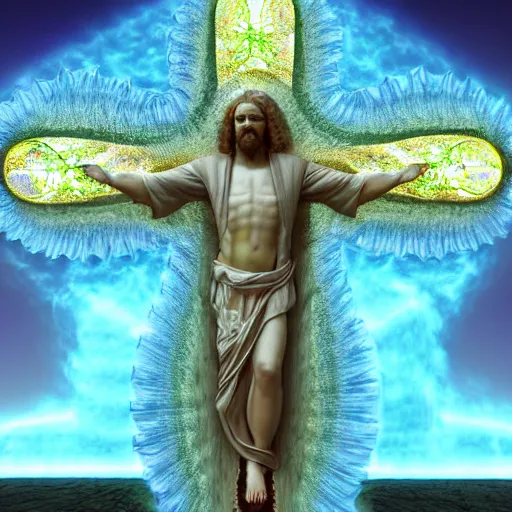 Image similar to a crystalline 3 d mandelbulb fractal in the shape of jesus christ on the cross, bioluminescent opal, fractal, magnificent lighting, ethereal, ray tracing, octane