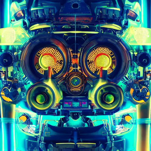 Prompt: album art, the album is called tripmachine, trance music, a huge steampunk mechanic machine with many loudspeakers and gears and tubes and wires, 8 k, fluorescent colors, halluzinogenic, multicolored, blue neon accents, exaggerated detailed, front shot, 3 d render, octane