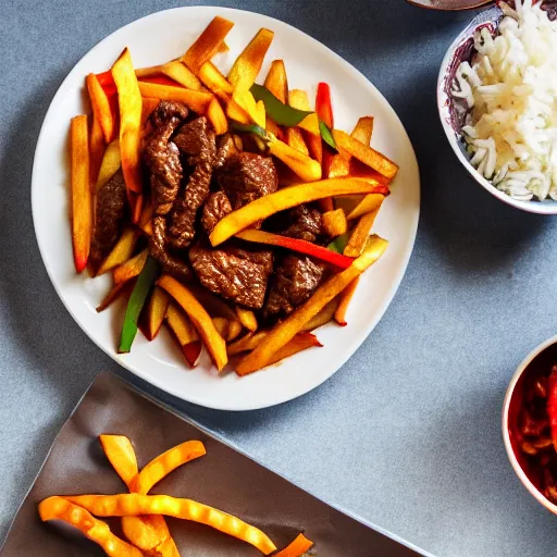 Prompt: dslr food photograph of stir fried beef, mixed with tomato wedges and french fries, with white rice on the side, 8 5 mm f 1. 8