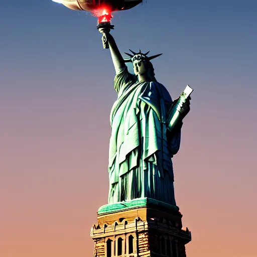 Prompt: disaster photography, blimp during collision into statue of liberty, full color, explosion, 8k, hd, high resolution