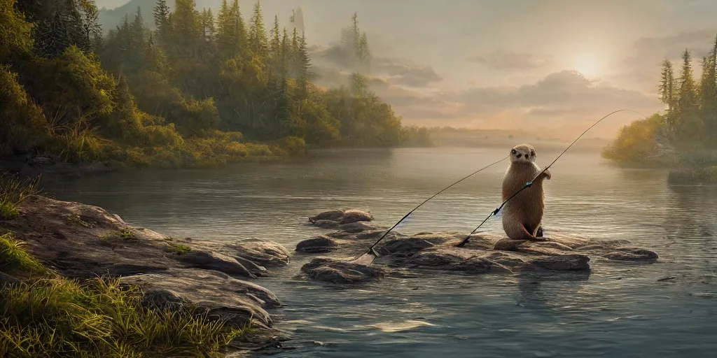 Prompt: breathtaking painting of cute otter hanging fishing rod and fishing on coast of river, morning forest, octane render, artstation, stylized, HDR, smooth light, morning light, 8k