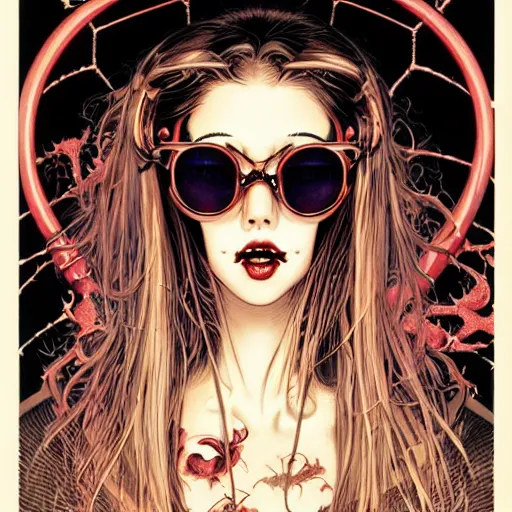 Prompt: portrait of crazy dark beautiful girl with spider sunglasses, by yoichi hatakenaka, masamune shirow, josan gonzales and dan mumford, ayami kojima, takato yamamoto, barclay shaw, karol bak, yukito kishiro