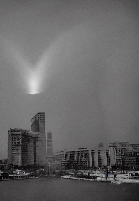 Image similar to Pulgasari the North Korean starfish monster destroying Pyongyang city, volumetric lighting, filmstill, produced by Kim Jong-il, Kodachrome, kaiju-eiga, monster movie, communist propaganda, film noir, 35mm film grain, Cooke Varotal 20-100mm T3.1, monochrome, in the style of Ishirō Honda and Akira Kurosawa
