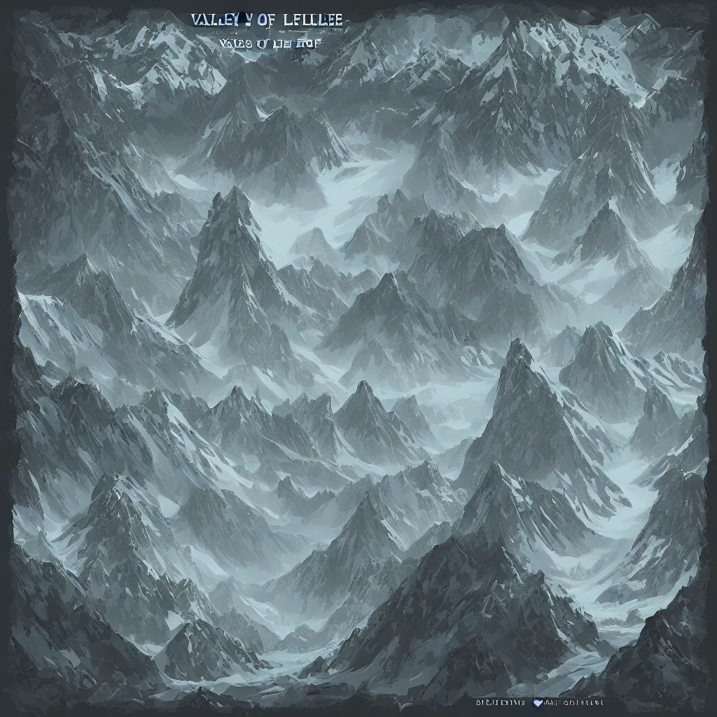 Image similar to valley of the glacial whispers, minimal digital art with border graphics. no text, no watermarks, music album art.