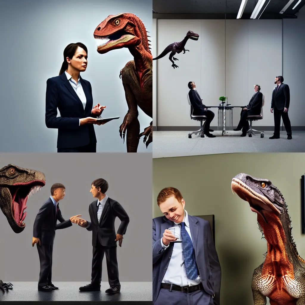 Prompt: velociraptor and tyrannosaurus rex wearing business suits and chatting by the water cooler, 4k, hyperrealistic, DSLR photo