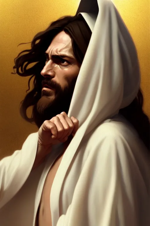 Prompt: jesus christ in a white robe and holding a handgun in an action pose, highly detailed, digital painting, artstation, concept art, smooth, sharp focus, illustration, cinematic lighting, art by artgerm and greg rutkowski and alphonse mucha