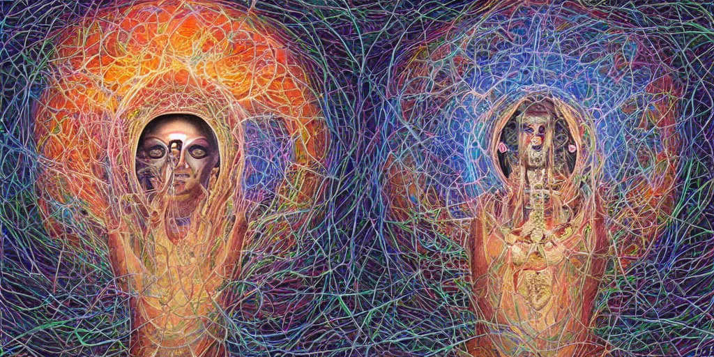 Image similar to could there be a realization of such magnitude that it quite literally blows one's mind?, center shock depicts such a moment of post - contemplative epiphany, volumetric lighting and shadows, concept art, biomechanical, realistic oil painting by alex grey