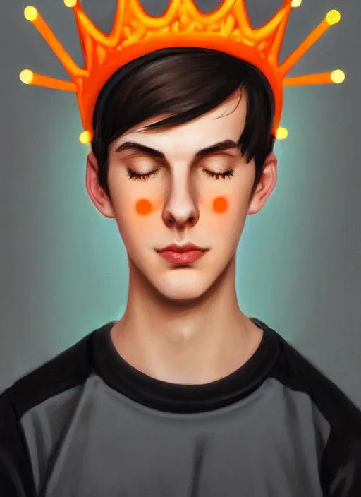 Image similar to portrait of teenage jughead jones wearing a light grey crown, crown, hamburger background, eyes closed, crown, black hair, orange, intricate, elegant, glowing lights, warm lighting, highly detailed, digital painting, artstation, concept art, smooth, sharp focus, illustration, art by wlop, mars ravelo and greg rutkowski