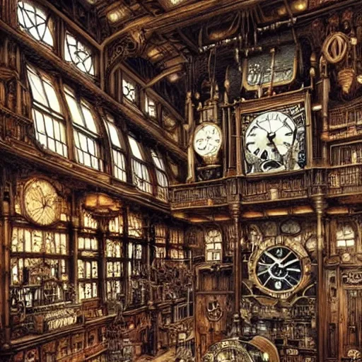 Prompt: interior of a giant beautiful steampunk clock shop, father time, nautical wooden grandfather clocks everywhere, realistic, very intricate hyper detailed masterpiece by arthur rackham